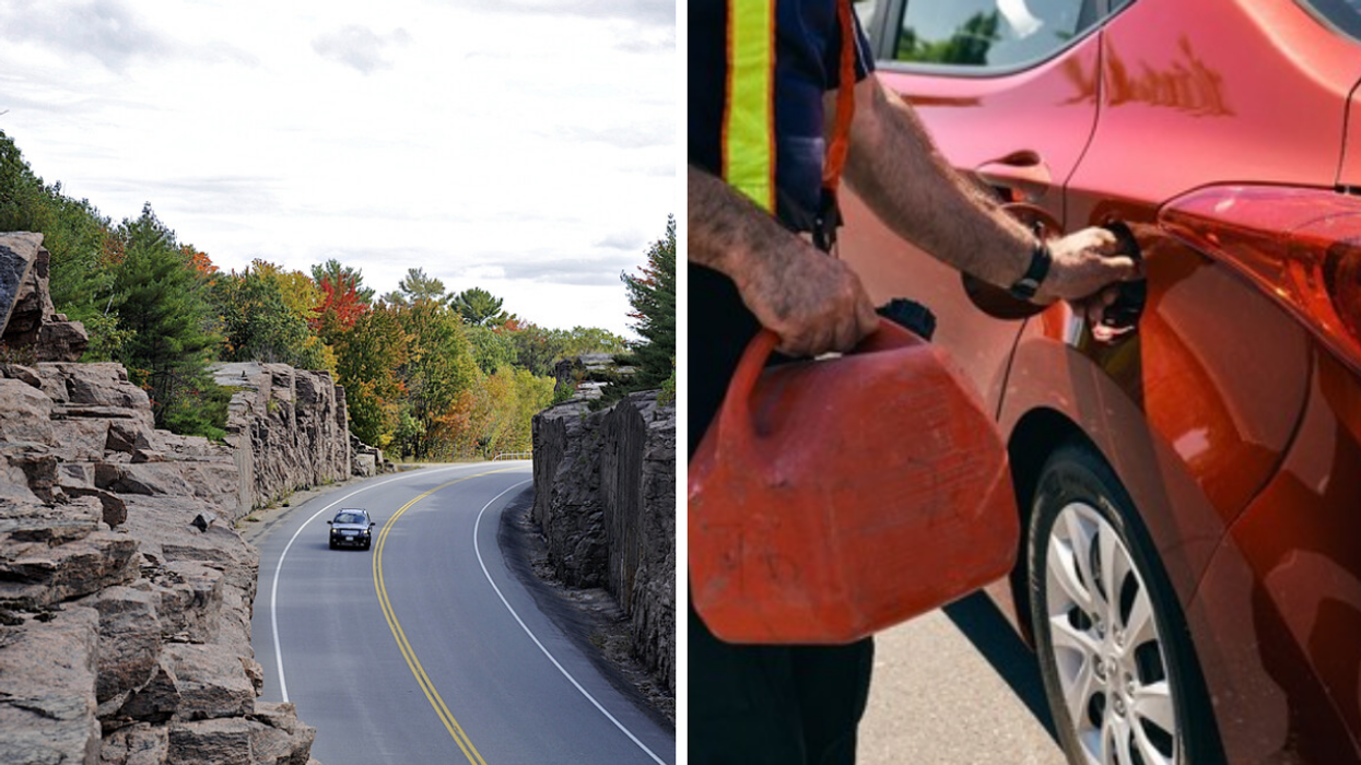 Driving in Ontario. Right: Filling a car up with gas.