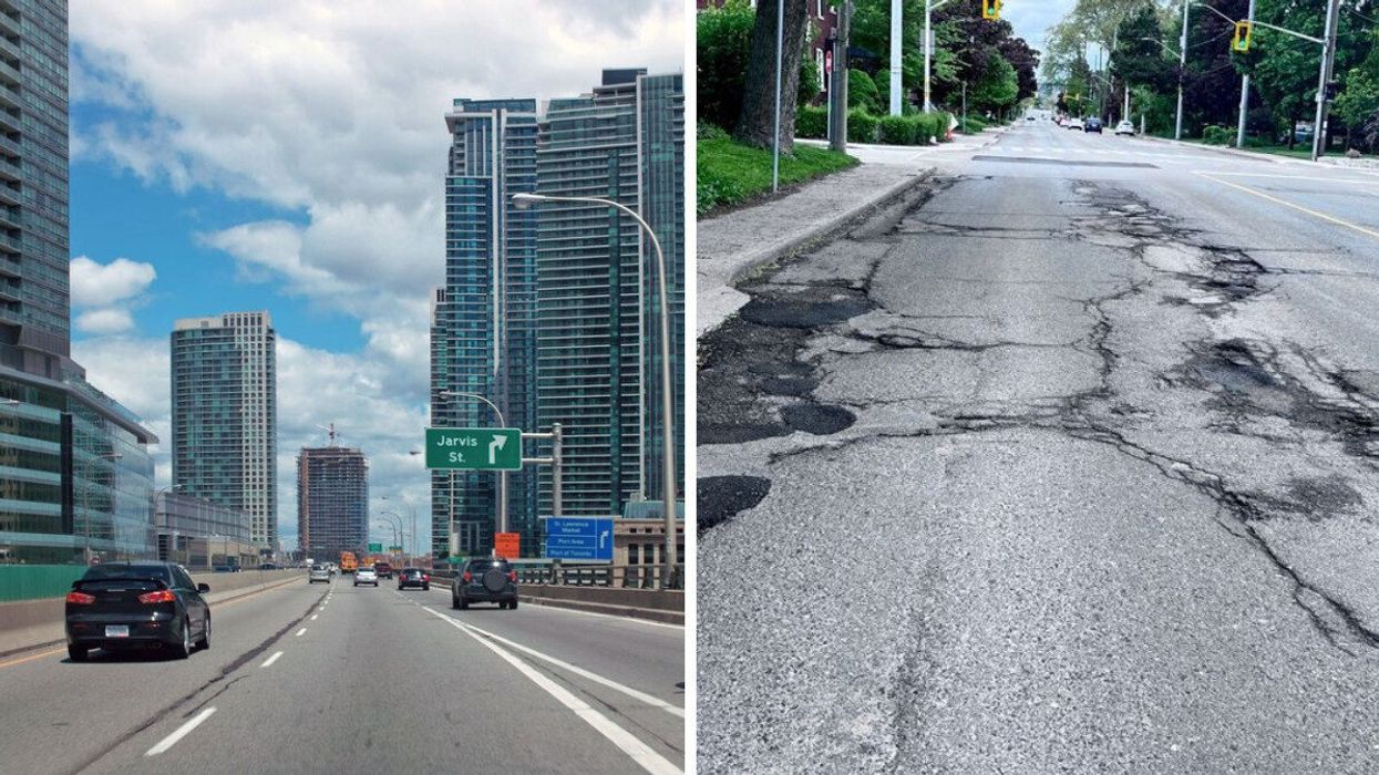 Driving into Toronto on the Gardiner Expressway. Right: Potholes on Aberdeen Avenue.