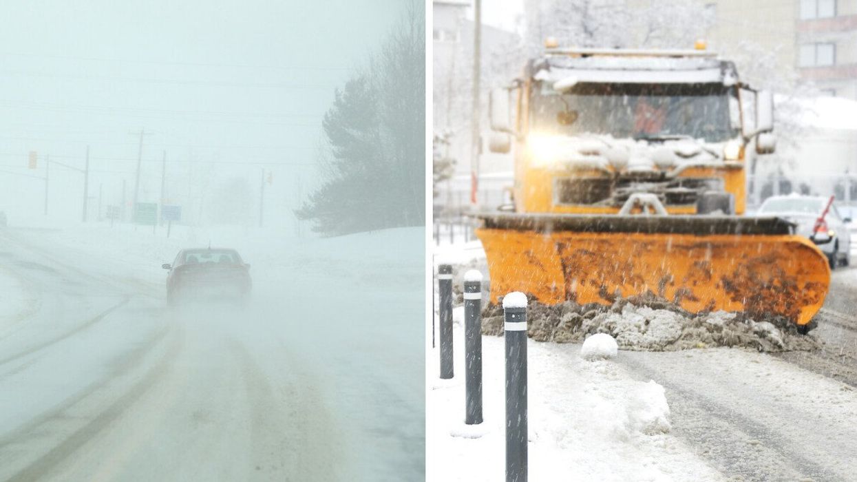 Driving on snowy Ontario highway. Right: Snow plower. 