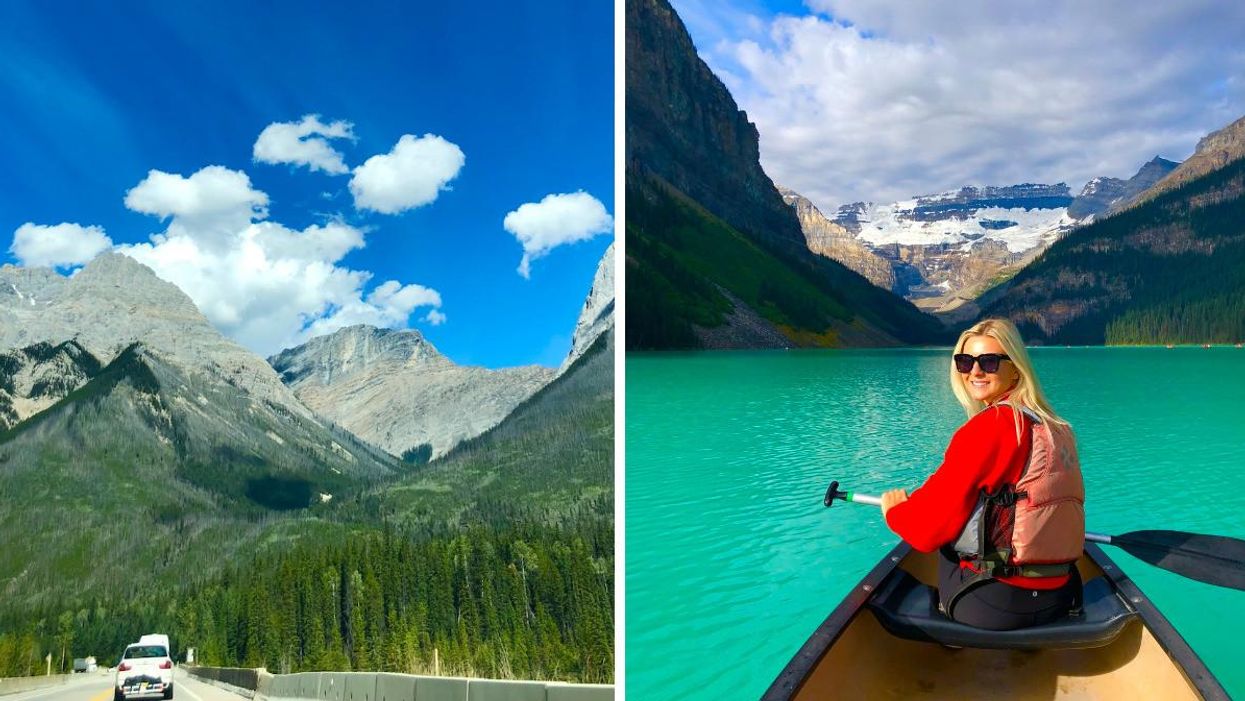 Driving to Banff. Right: Canoeing on Lake Louise.