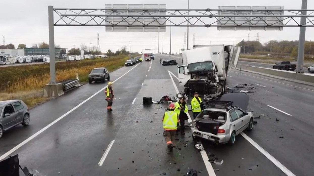 Drone footage from the scene of a fatal crash on the 401 near Oshawa.