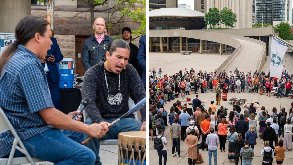 Drummers performing for a public at the Sunrise Ceremony in Nathan Phillips Square. Right: The performers at the ceremony and spectators.