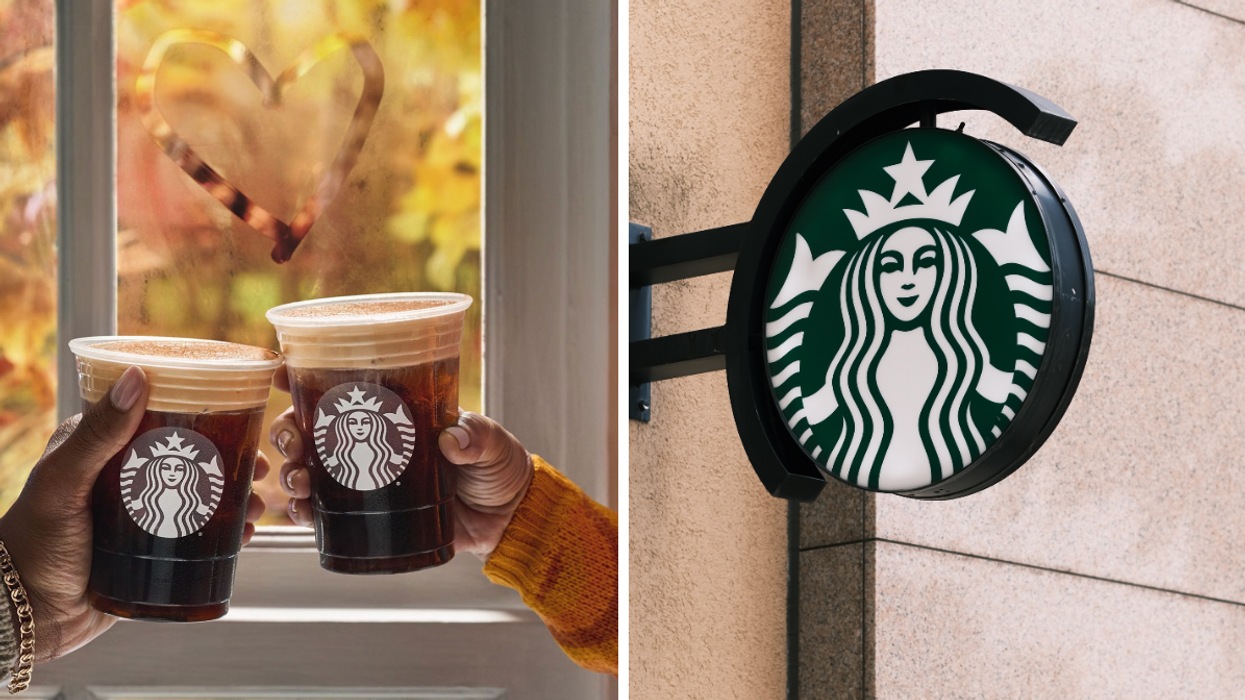 Du café Starbucks. Droite : Une enseigne Starbucks.