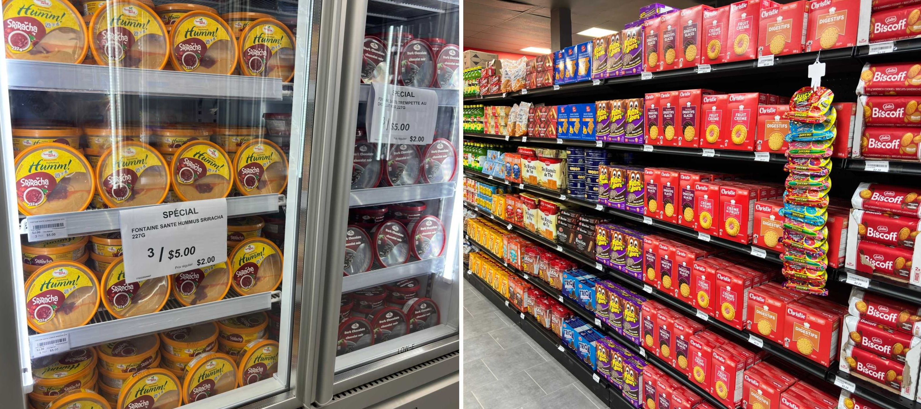 Du hummus. Droite : des biscuits.