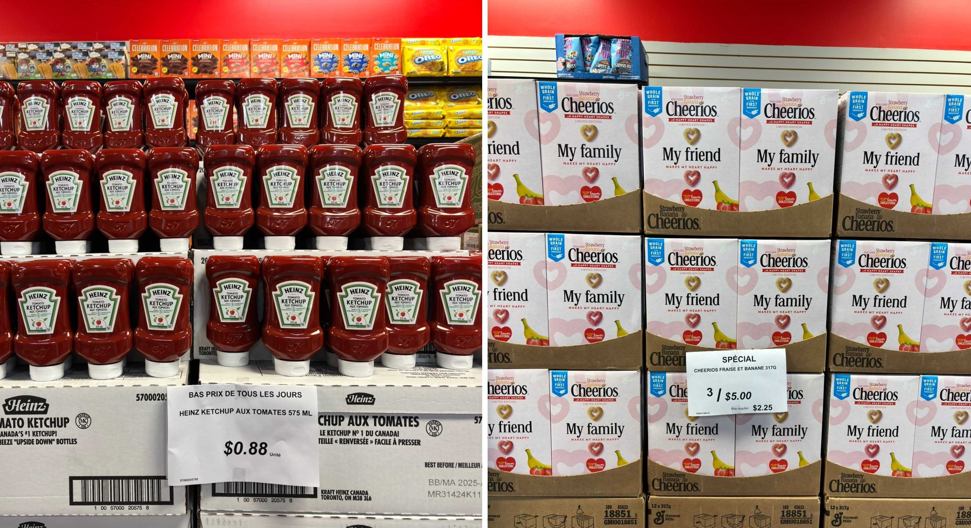 Du ketchup. Droite : des c\u00e9r\u00e9ales.