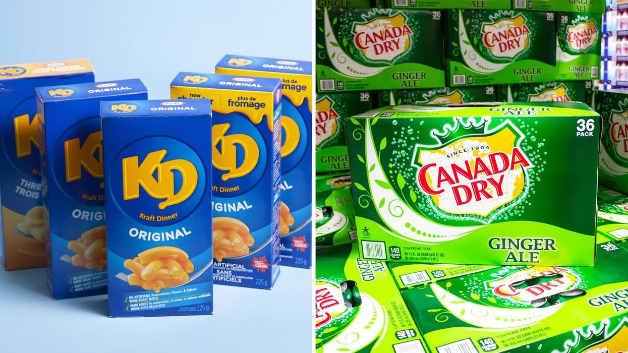 Du Kraft Dinner. À droite : Des caisses de Canada Dry.
