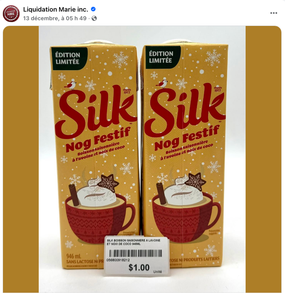 Du lait de poule v\u00e9g\u00e9 \u00e0 1 $ chez Liquidation Marie.