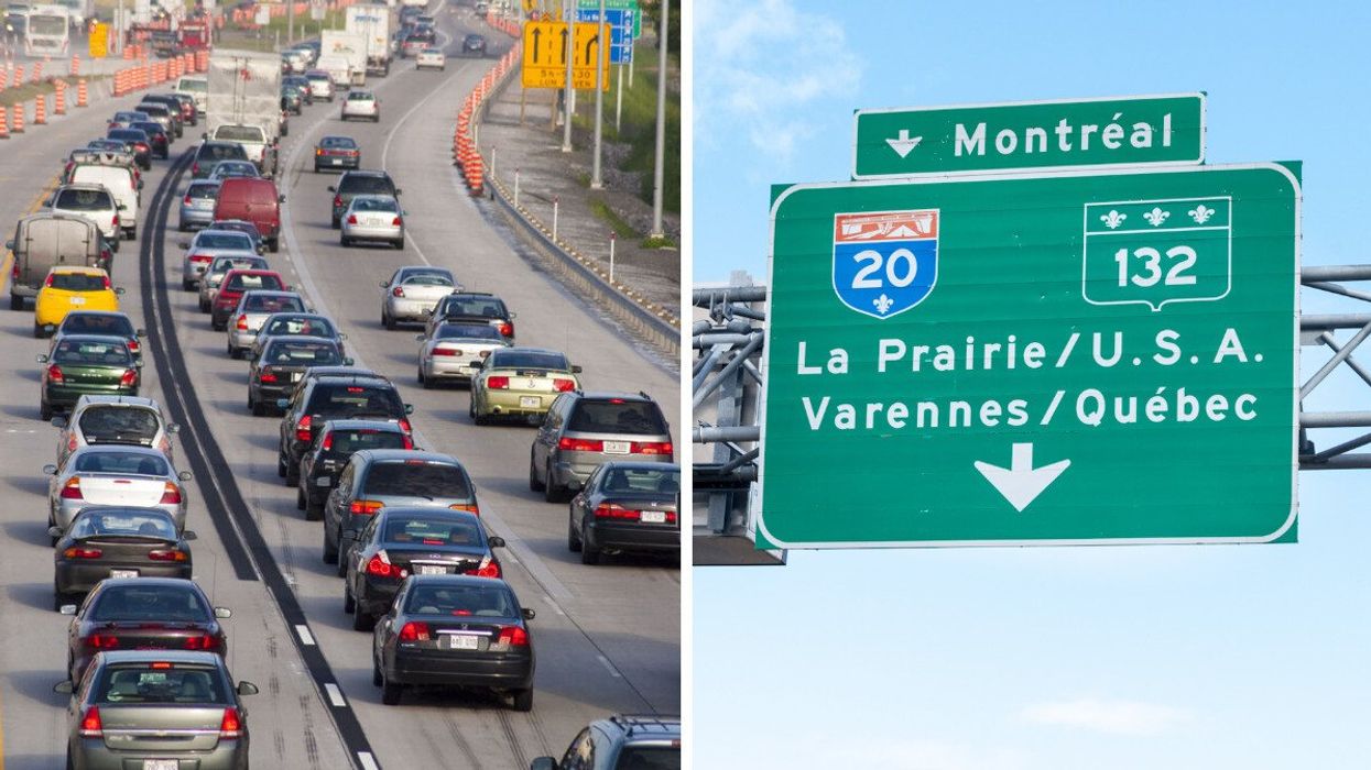 Du trafic sur une autoroute à Montréal. Droite : un panneau routier vert indiquant la route vers Montréal.