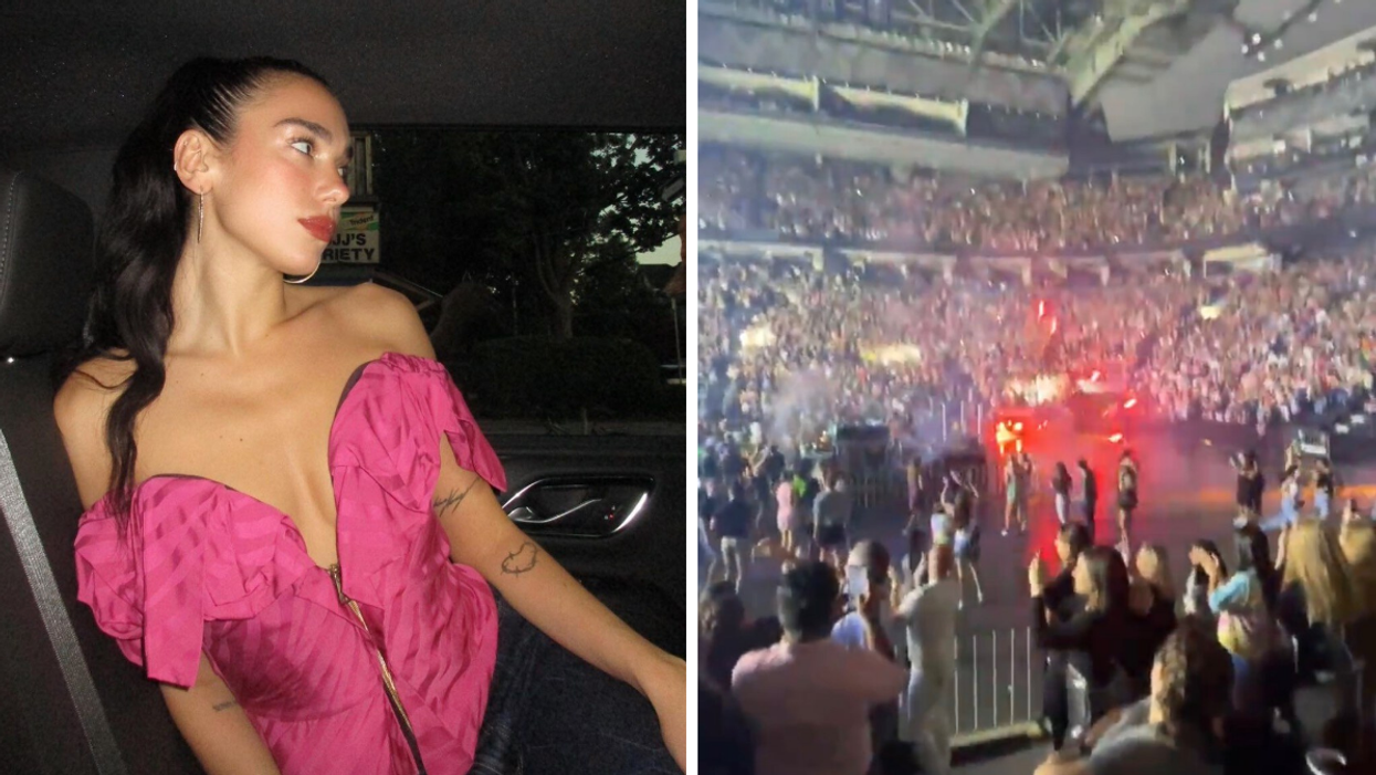 Dua Lipa. Right: Fireworks at Scotiabank Arena.