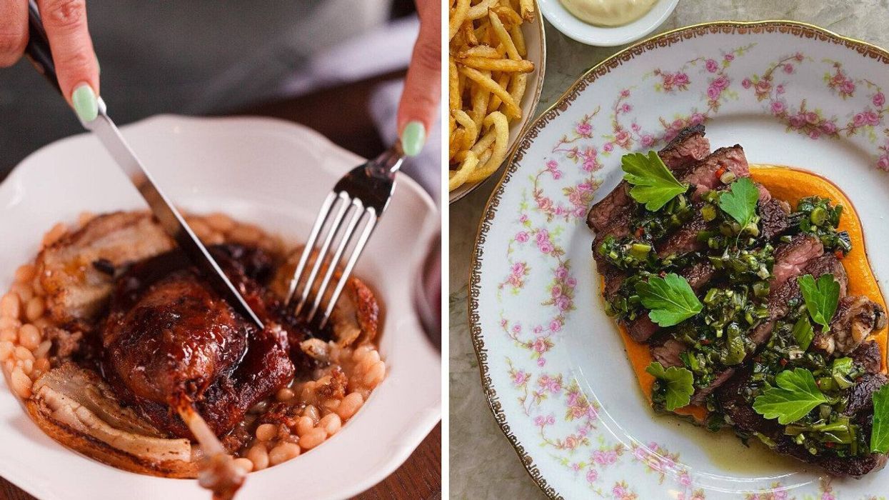 Duck confit from Restaurant Parquet. Right: Steak from The Wood Owl.