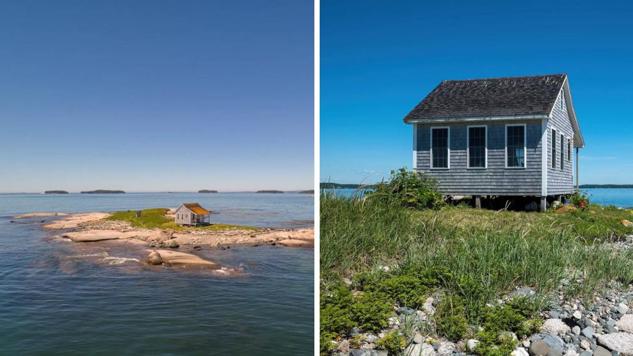 Duck Ledges Island off the coast of Maine. Right: The cottage on Duck Ledges Island.