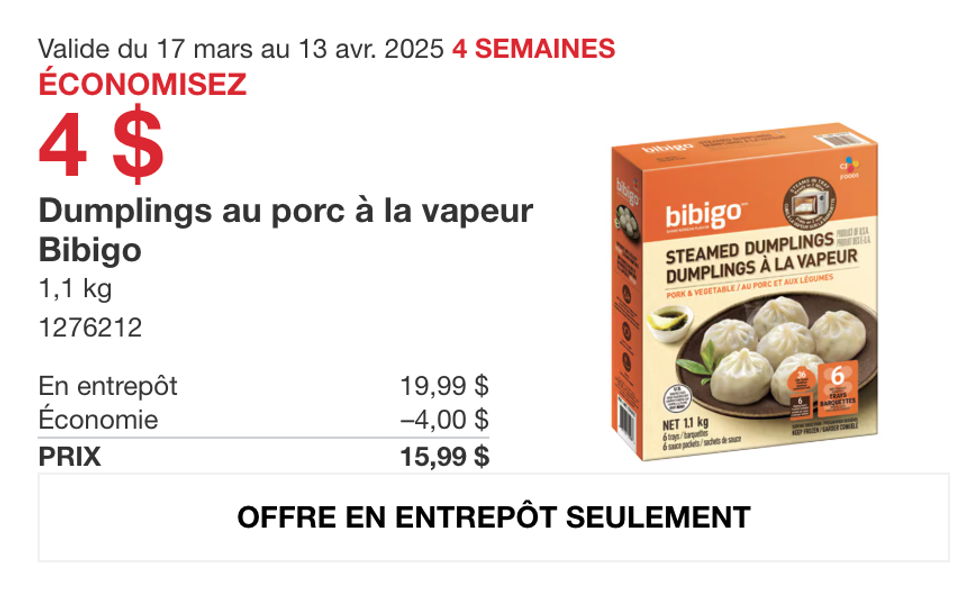 Dumplings au porc \u00e0 la vapeur Bibigo dans la circulaire du site de Costco.