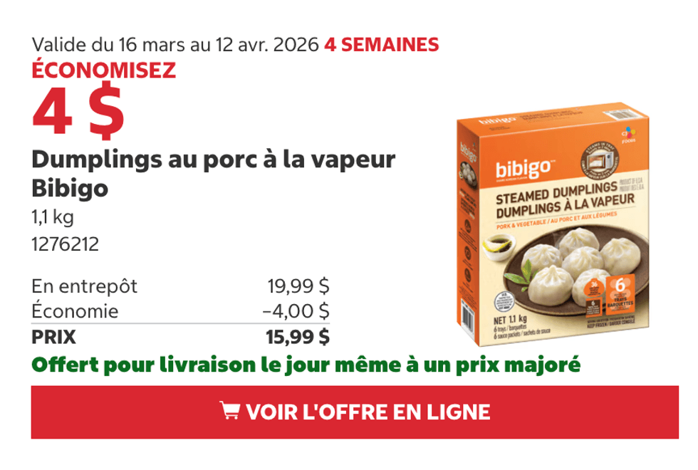 Dumplings au porc \u00e0 la vapeur Bibigo en rabais au Costco.
