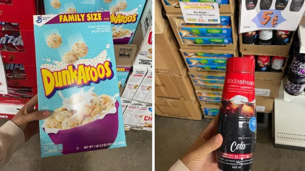 DunkAroos cereal at the Grocery Outlet. Right: SodaStream flavour for 5 cents.