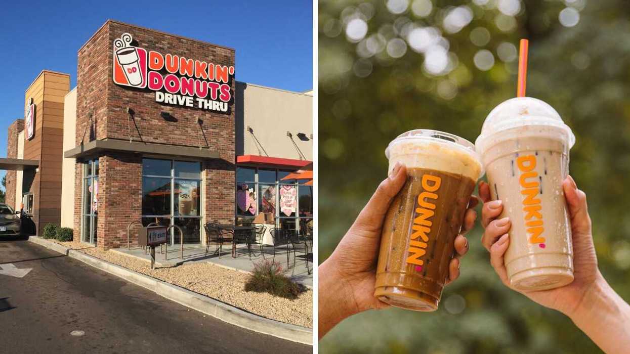 Dunkin' Donuts storefront. Right: Two Dunkin' iced coffees.