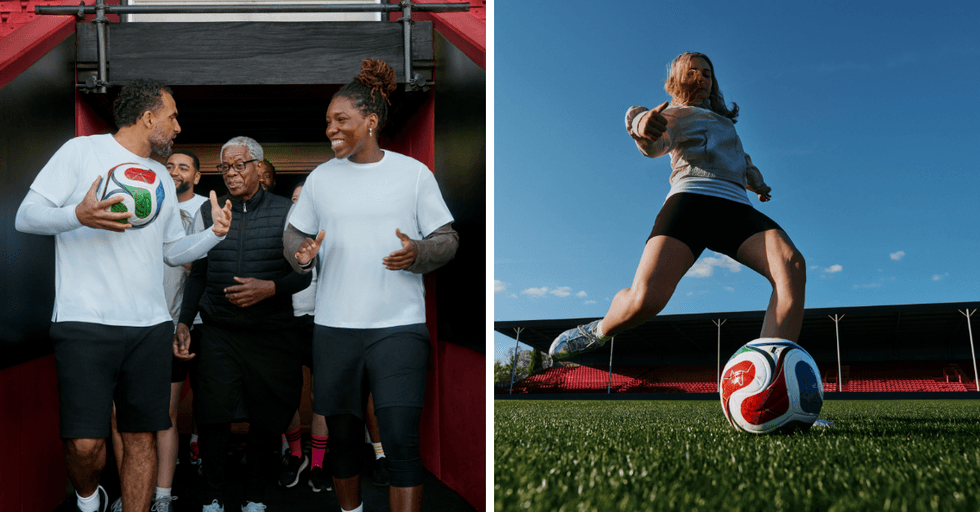 Dwayne De Rosario and Kadeisha Buchanan. Right: A woman kicks a soccer ball at Toronto Stadium.