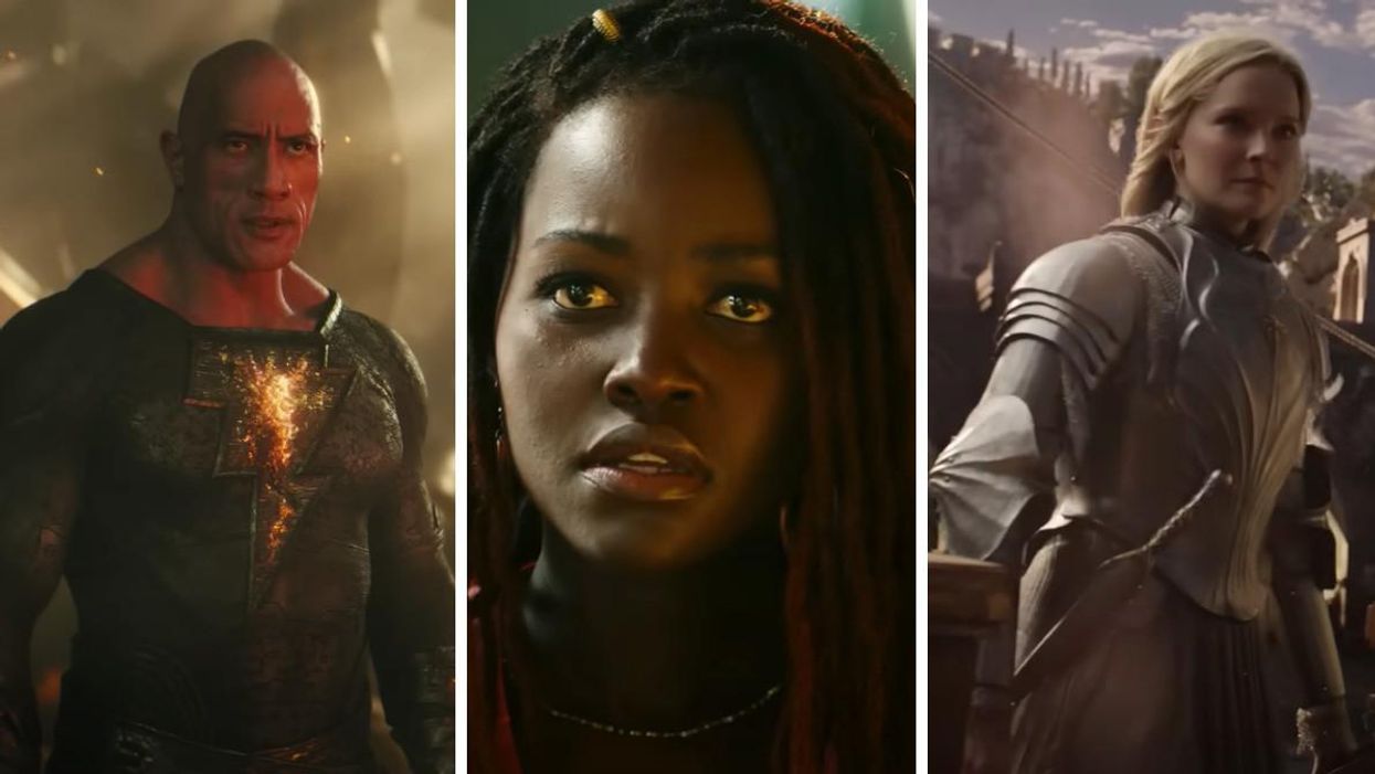 Dwayne 'The Rock' Johnson as Black Adam. Middle: Lupita Nyong'o as Nakia in Black Panther 2. Morfydd Clark as Galadriel in LOTR: The Rings of Power.