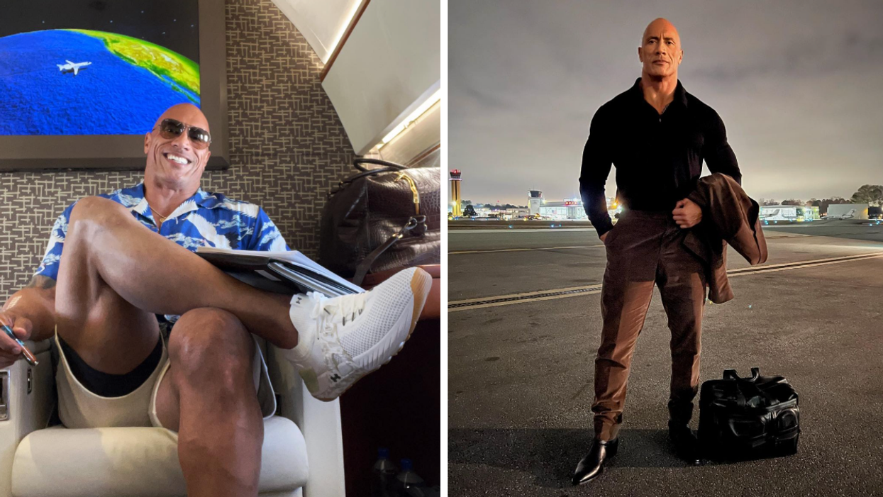 Dwayne 'The Rock' Johnson on a plane. Right: Dwayne 'The Rock' Johnson standing on a roadway.