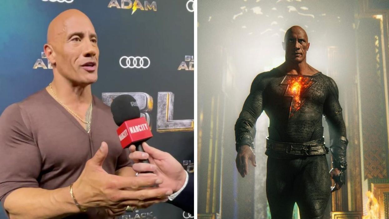 Dwayne "The Rock" Johnson talking to Narcity on the red carpet. Right: The Rock as Black Adam.