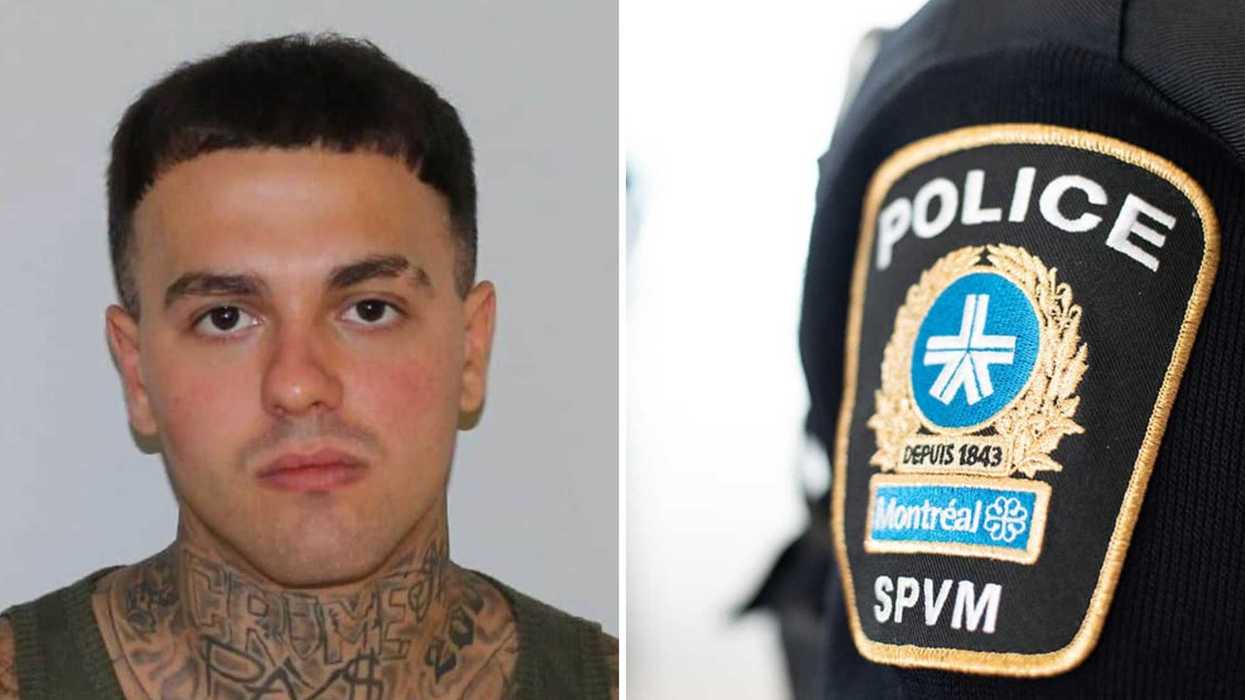 Dylan Denis. Droite : un écusson du SPVM.
