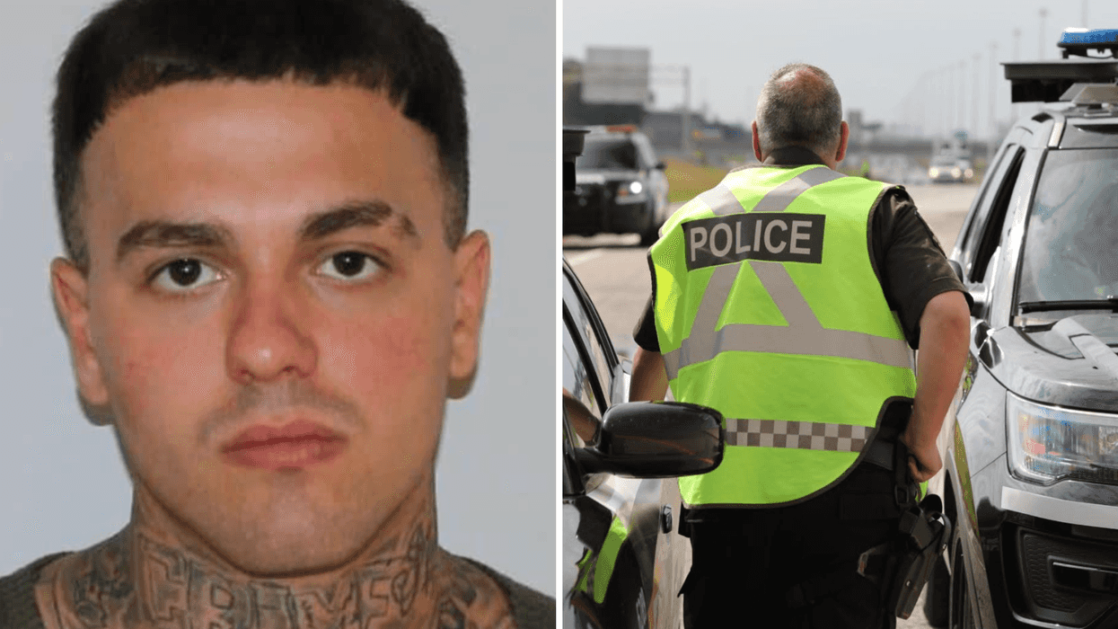 Dylan Denis. Droite : Un policier de la Sûreté du Québec.