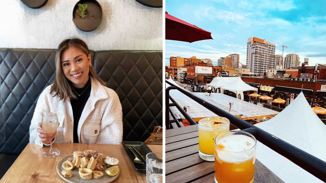 Eating seafood at EVOO Greek Kitchen. Right: Cocktails on the El Camino Byward Market patio.