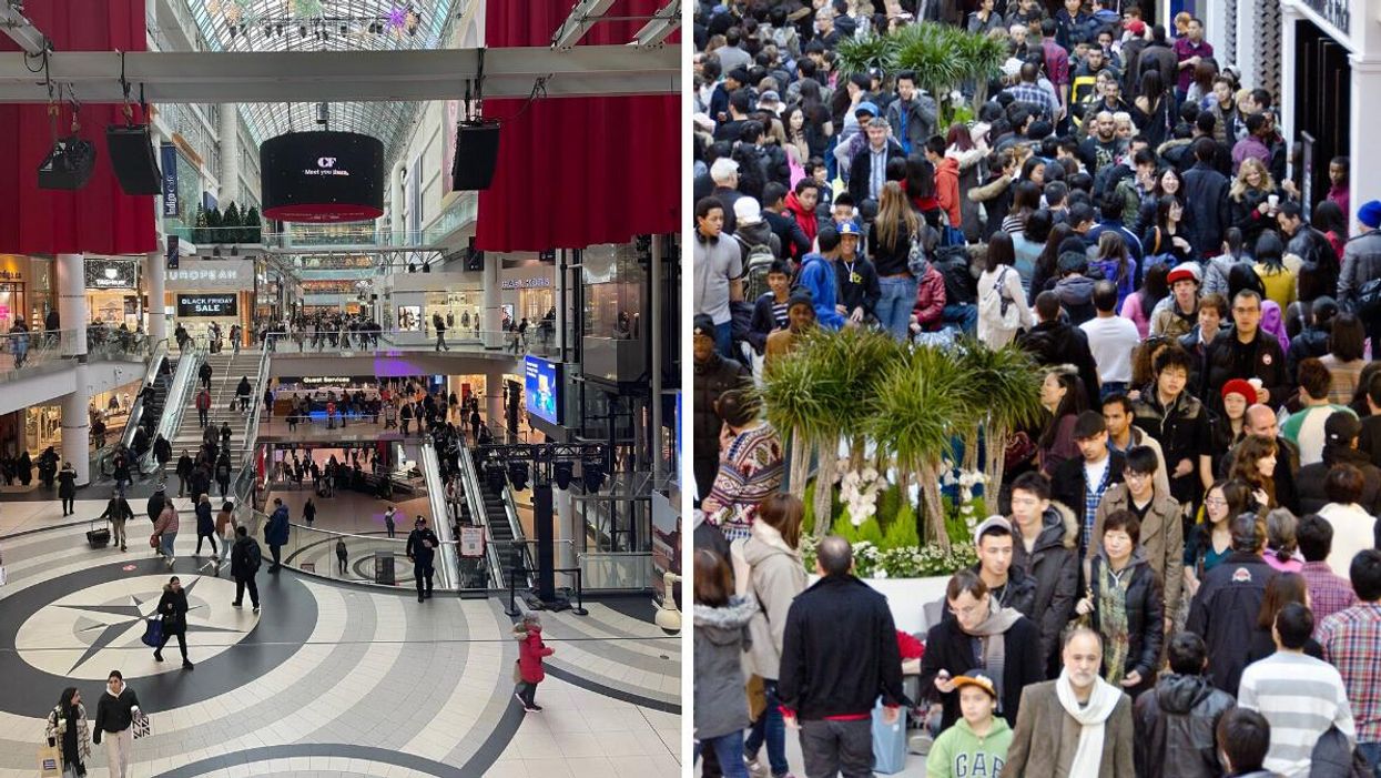 Eaton Centre on Black Friday. Right: A mall on Boxing Day.