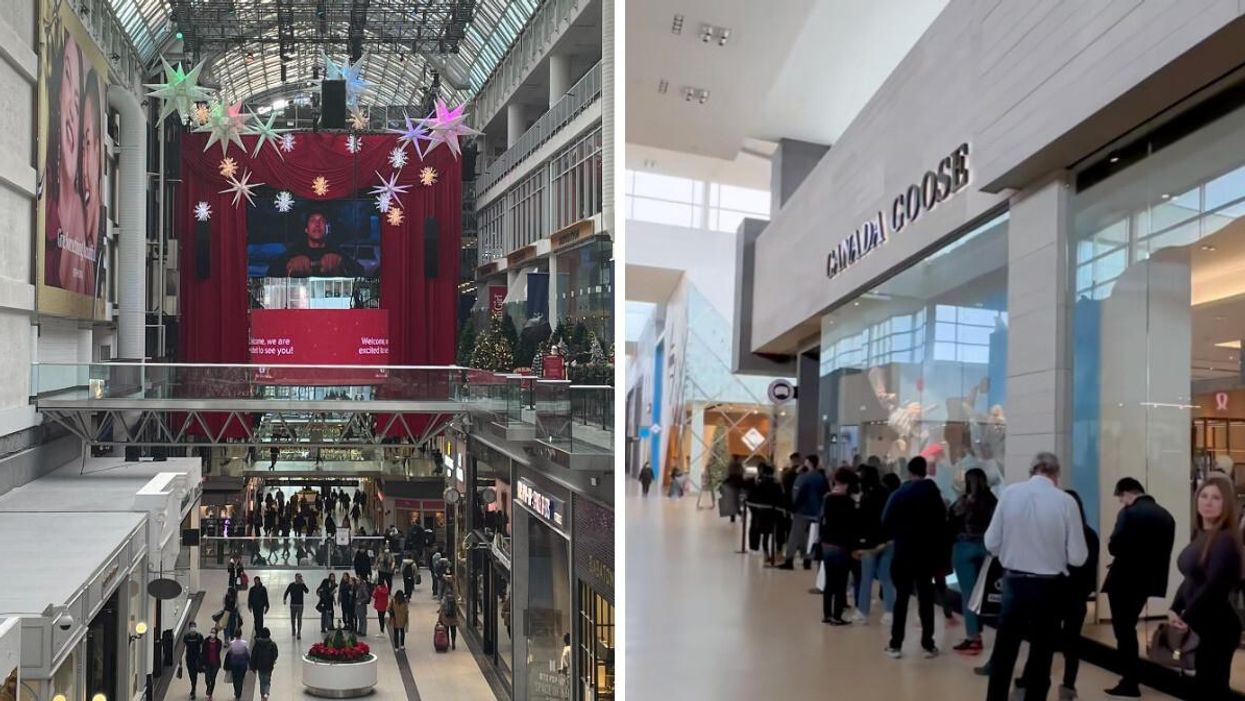 Eaton Centre on Black Friday. Right: People lined up outside Canada Goose.