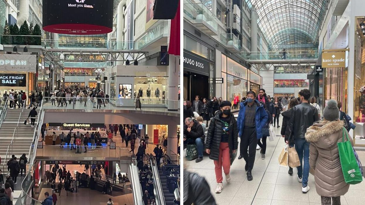 Eaton Centre. Right: Shoppers at the Eaton Centre.
