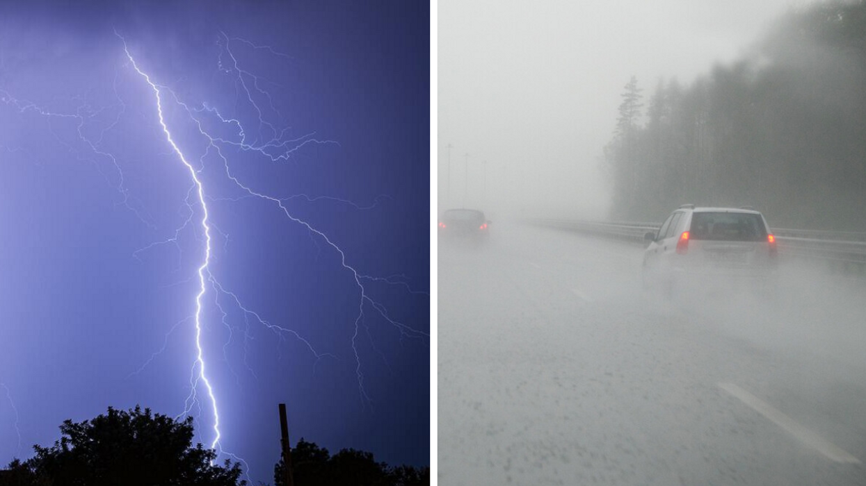 Éclair. Droite : voiture sous la pluie