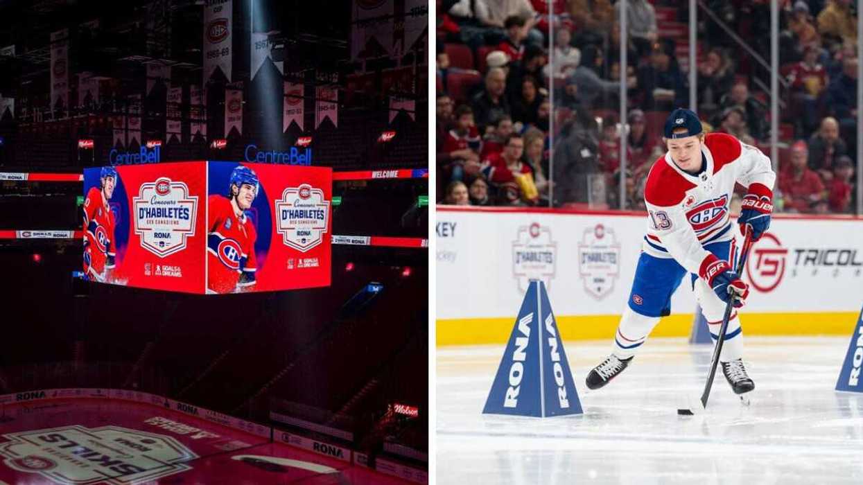 Écran géant du Centre Bell affichant le Concours d’habiletés des Canadiens de Montréal avec RONA. Droite: Cole Caufield des Canadiens de Montréal effectuant un parcours d’agilité entre des cônes RONA sur la glace du Centre Bell.