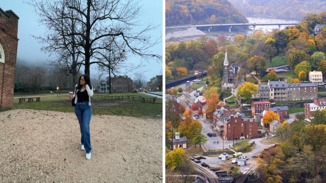 Editor Fernanda Leon posing for a photo at Harpers Ferry, WV. Right: Harpers Ferry, WV.