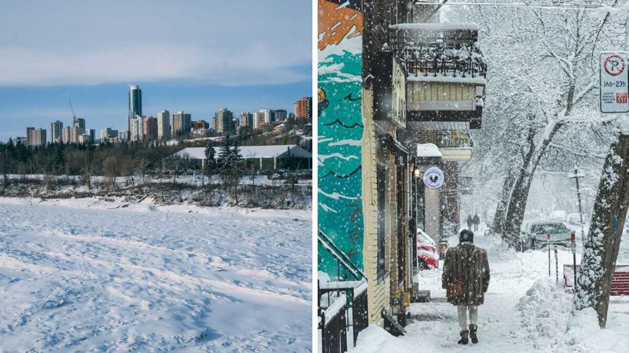 edmonton skyline and snow-covered land in winter. right: person walking on sidewalk in montreal during snowstorm