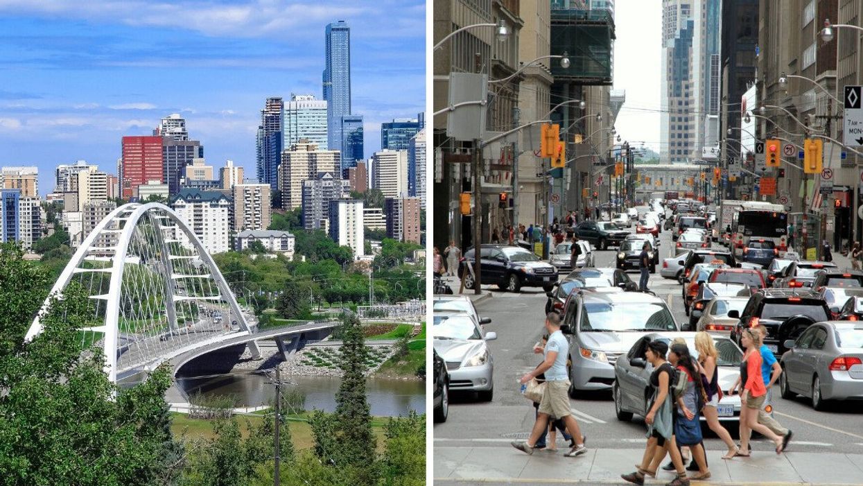 Edmonton skyline. Right: A busy Toronto street.