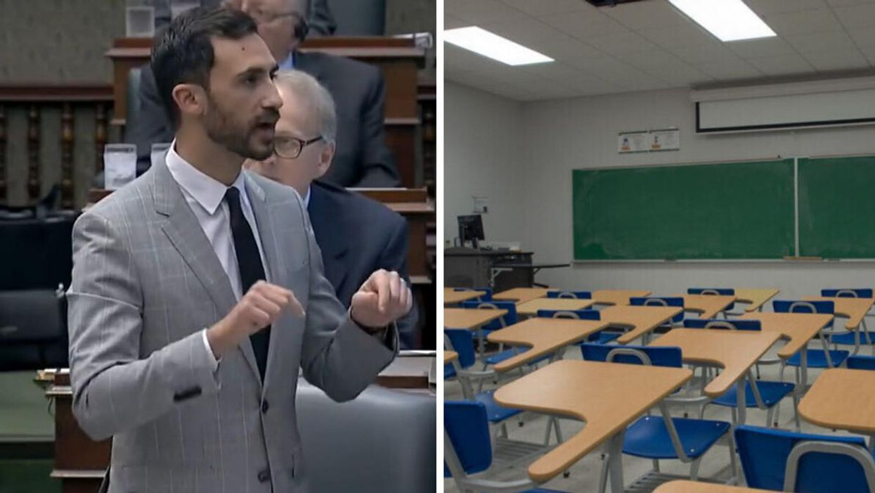 Education Minister Stephen Lecce at Queen's Park. Right: An empty classroom.