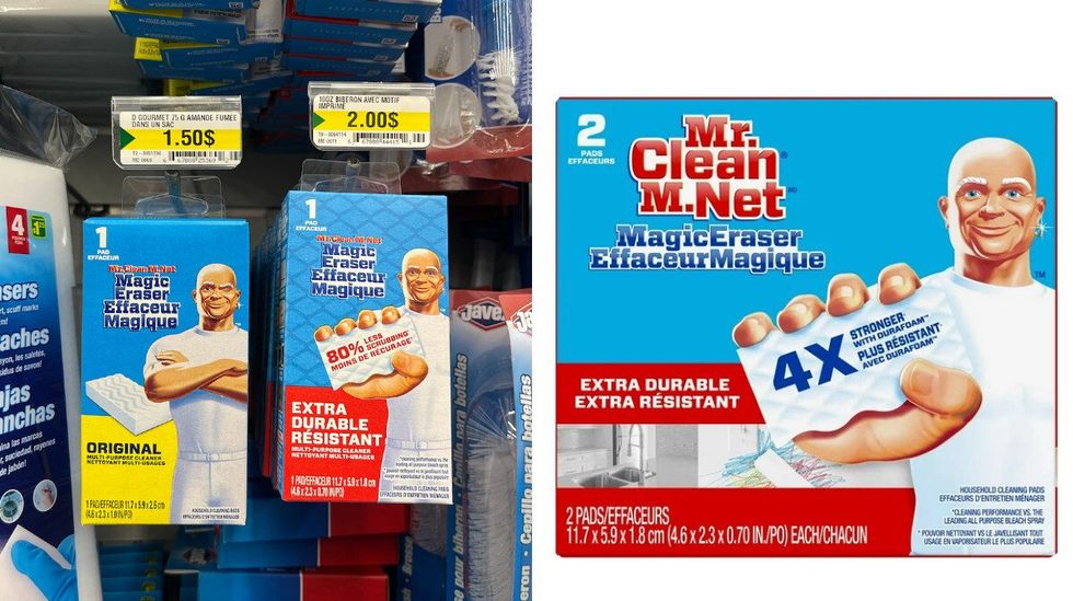 Effaceur magique M. Net au Dollarama. Droite : Bo\u00eete d'effaceurs magiques M. Net.