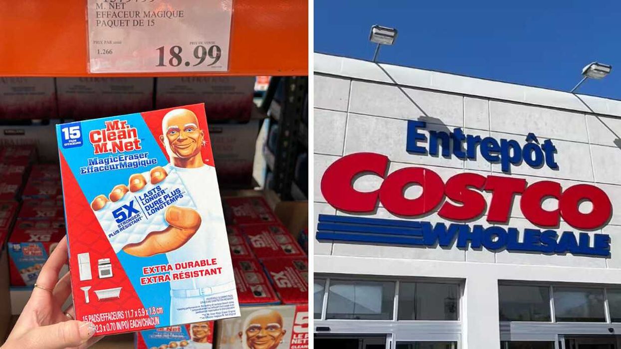 Effaceurs magiques en vente chez Costco. Droite : Enseigne extérieure du Costco.