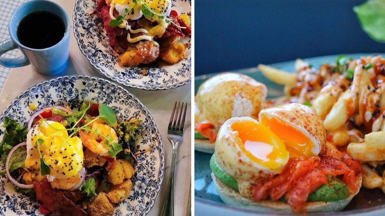 Eggs Benedict at Queen's Breakfast Cocktails. Right: Salmon eggs benny at Sammie Cafe.