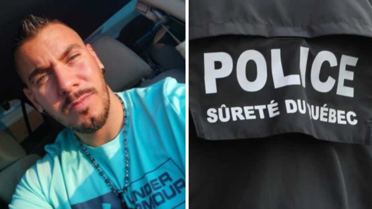 Égoportrait de Blake Charbonneau. Droite: Dos de veste de la Sûreté du Québec.