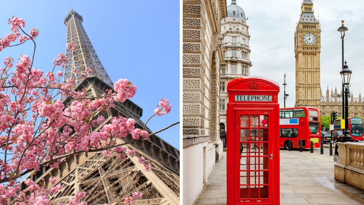 Eiffel Tower in the spring. Right: Phone booth in front of Big Ben.