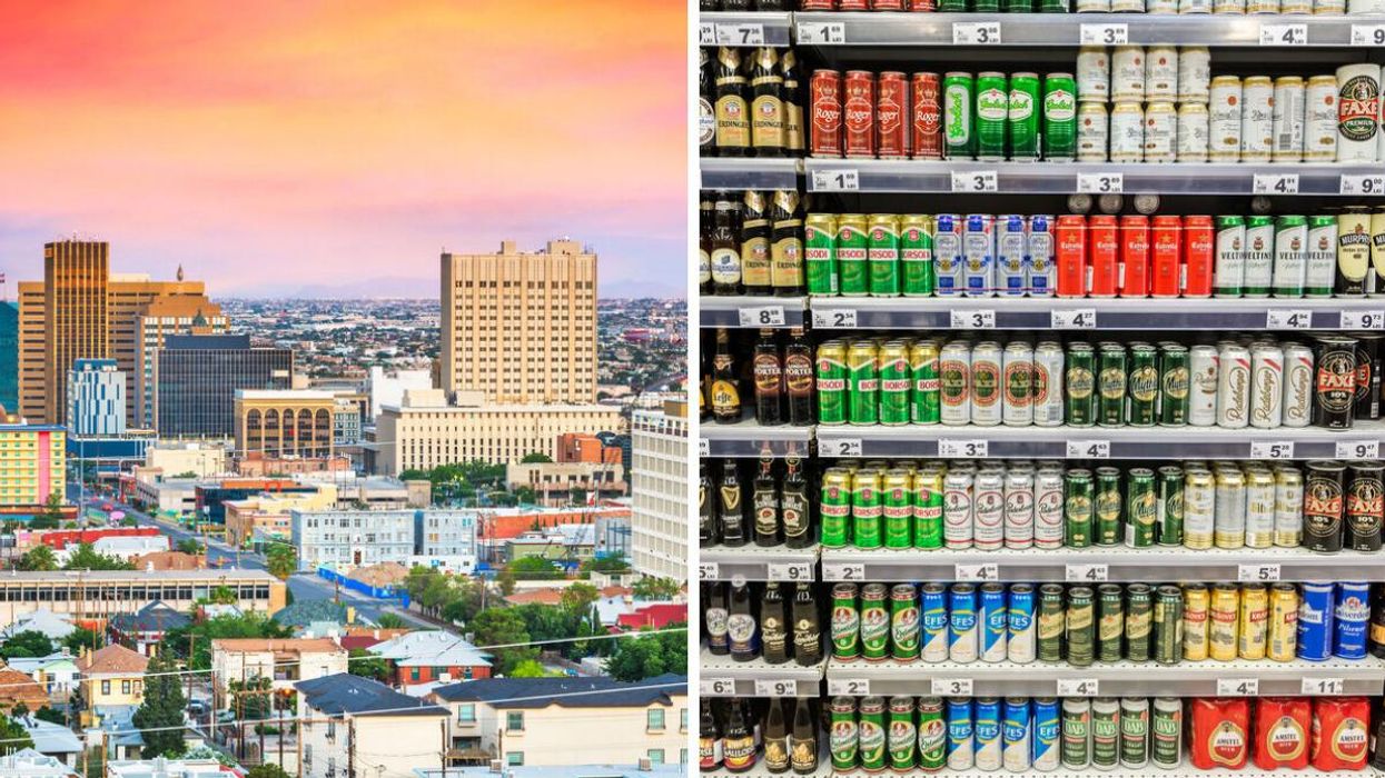 El Paso, TX. Right: Beer cans at a supermarket.