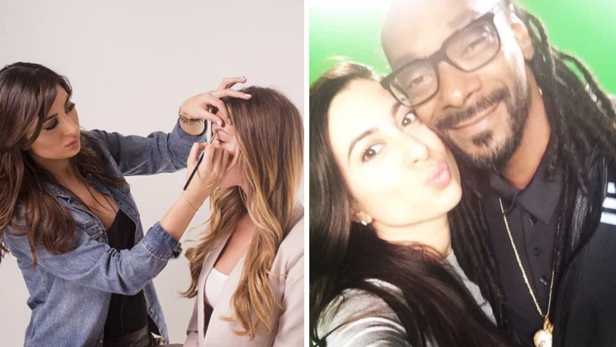 Elaina Badro applying make-up for a client. Right: Elaina Badro and Snoop Dogg.