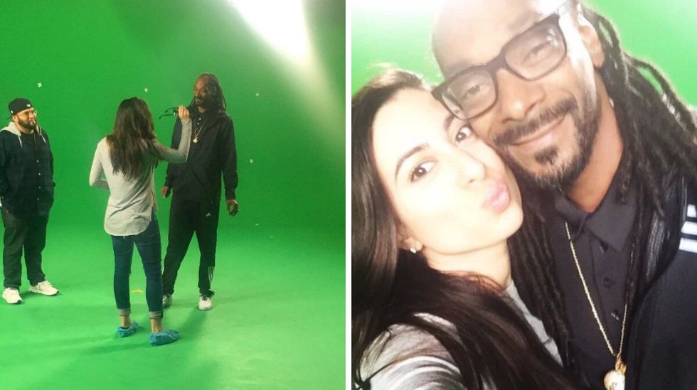 Elaina Badro working with Snoop Dogg on the set of one of his music videos.