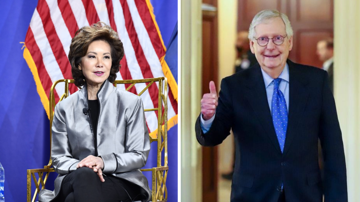 Elaine Chao on a chair in front of the American flag. Right: Senator Mitch McConnell with a thumbs up.