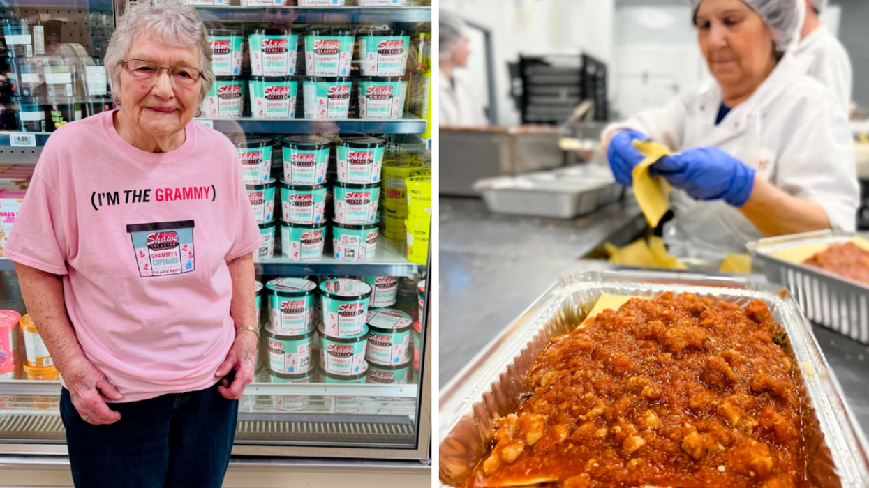 Elderly woman wearing a pink "I'm the Grammy" shirt standing in front of Shaw's Ice Cream in a grocery store freezer section., Right: Worker in a commercial kitchen assembling fresh lasagna with meat sauce and pasta sheets in a foil tray.