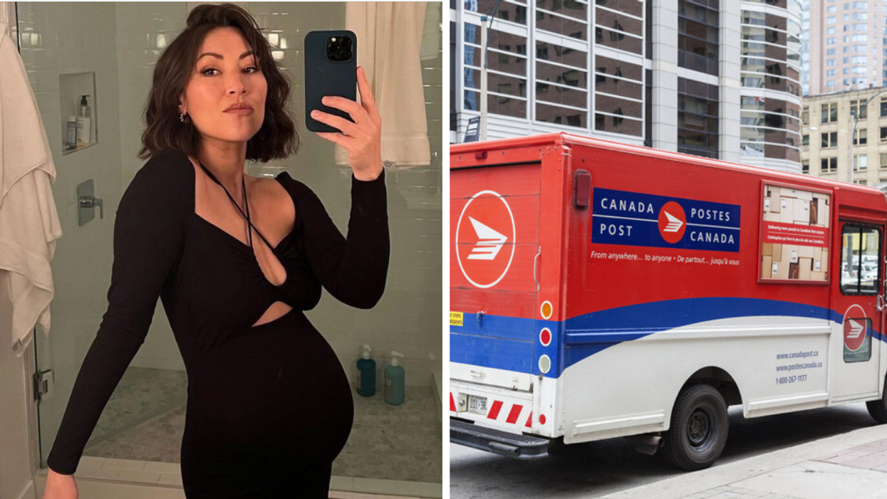 Eleanor Matsuura in a black dress posing in her bathroom. Right; A Canada Post van.
