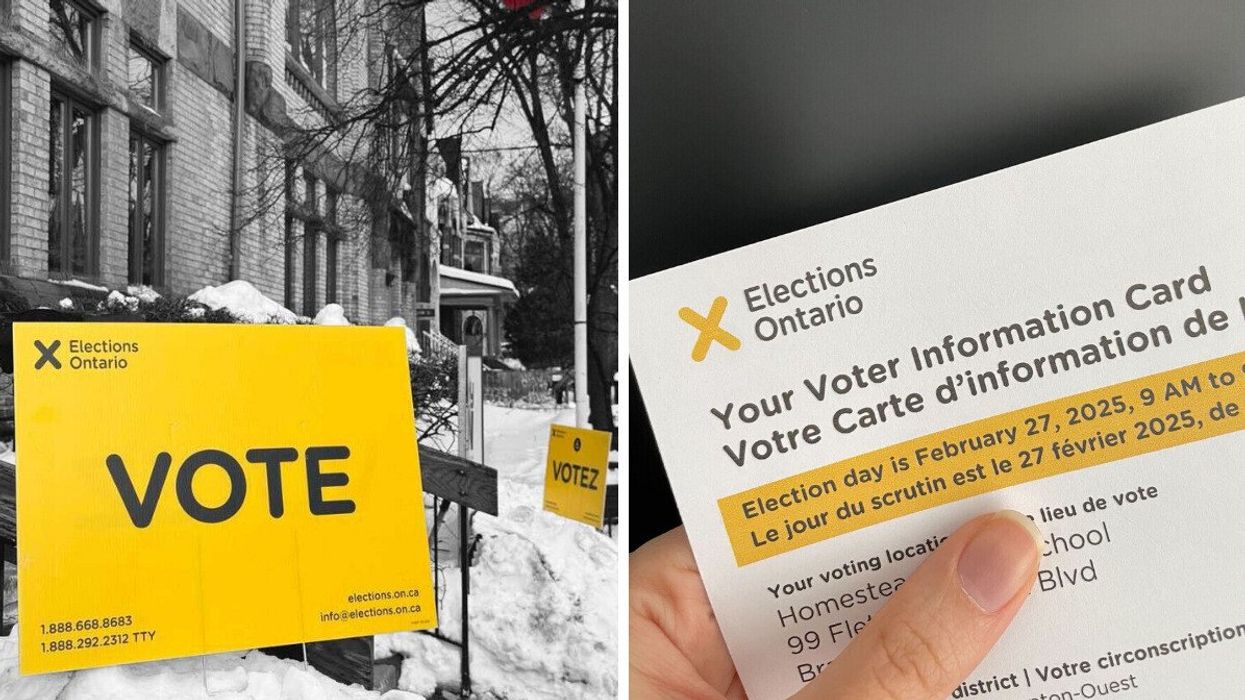 elections ontario yellow vote sign in the snow. right: person holding an elections ontario voter information card
