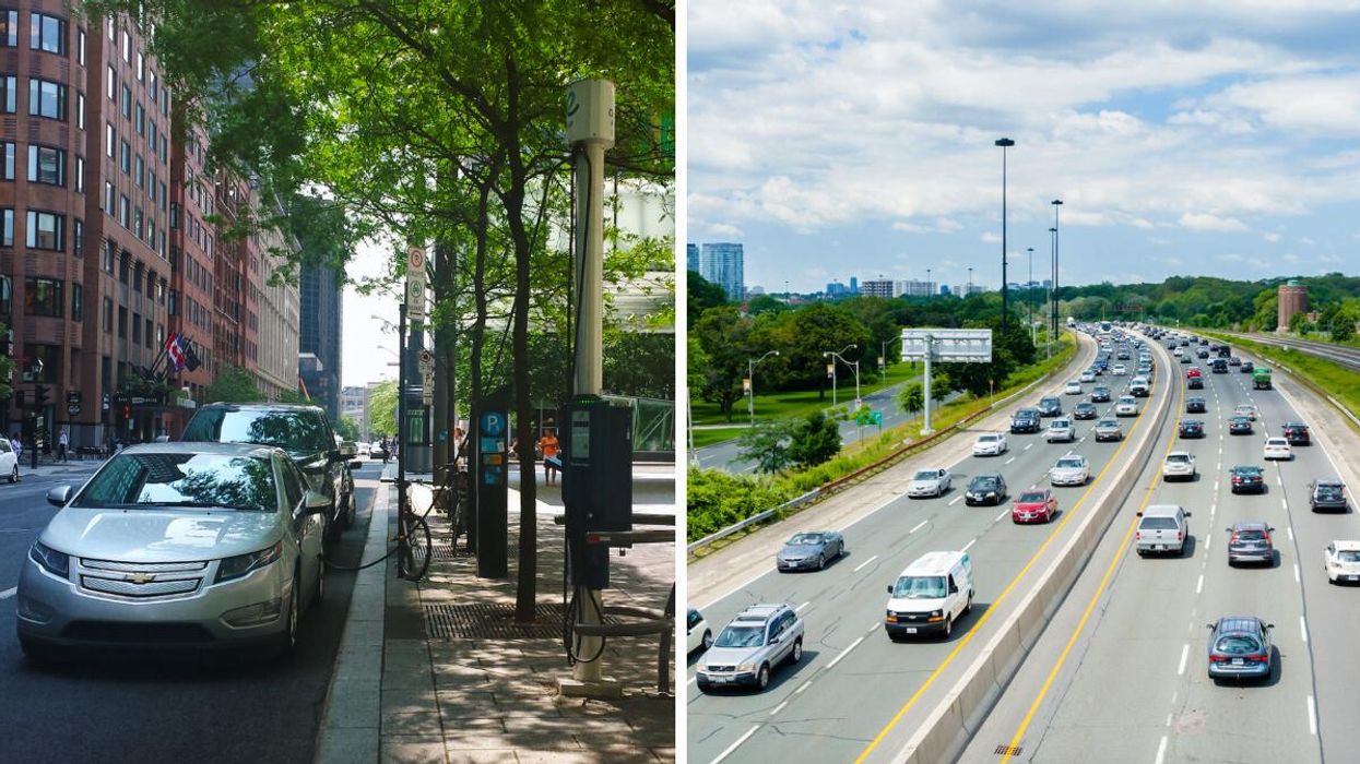 Electric cars charging on a street in Canada. Right: Traffic on an expressway in Toronto.