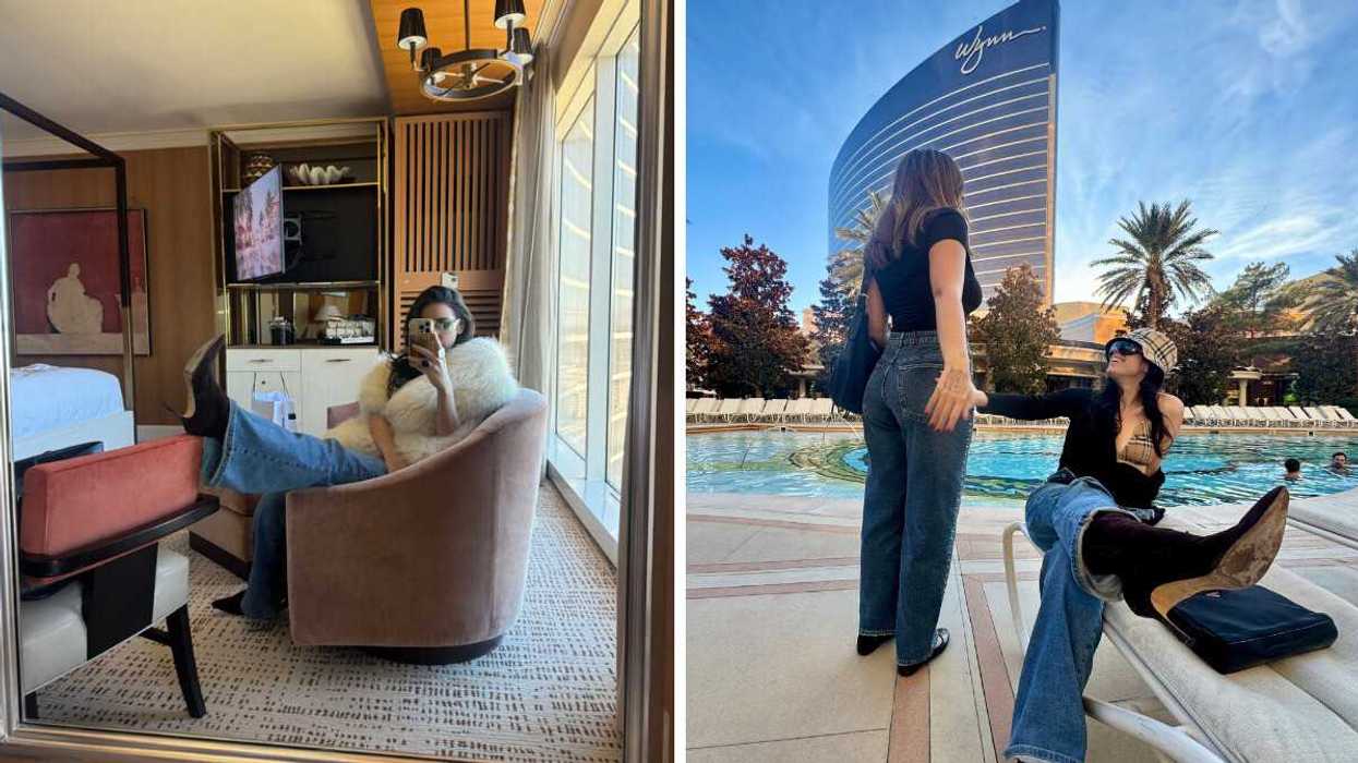 Elegant hotel room with girl in fur coat and jeans posing in pink chair taking mirror selfie. Right: Two girls in jeans pose on sunchair at hotel pool with Wynn Las Vegas tower in the background.