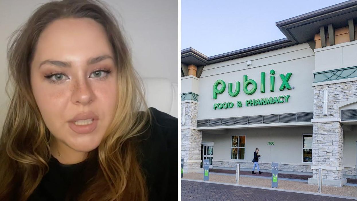 Elena Cole in a TikTok. Right: The exterior of a Publix store in Florida.